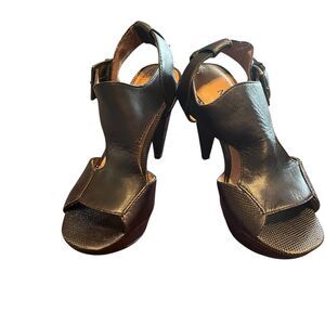 Anthropologie No 704b Vanya Brown Leather Python T Ankle Strap Pumps Shoes 5.5